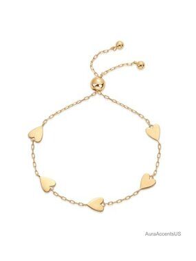 14K Gold Plated Heart Charm Bracelet, 9" Adjustable Link Chain